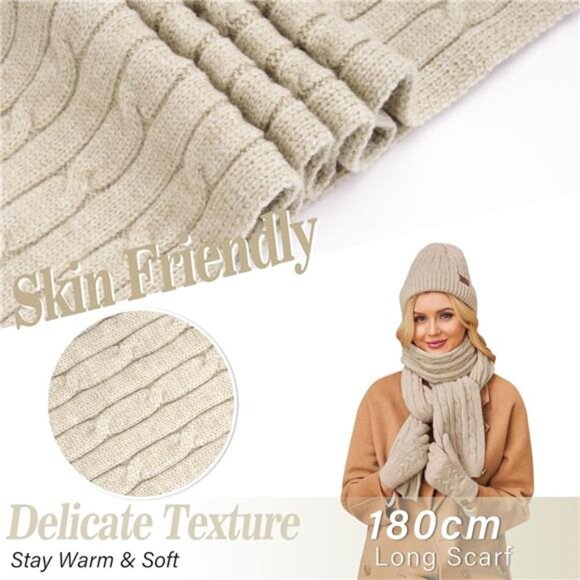 Womens winter beanie scarf gloves set warm knit fleece lined touchscreen hat gif - Picture 3 of 7